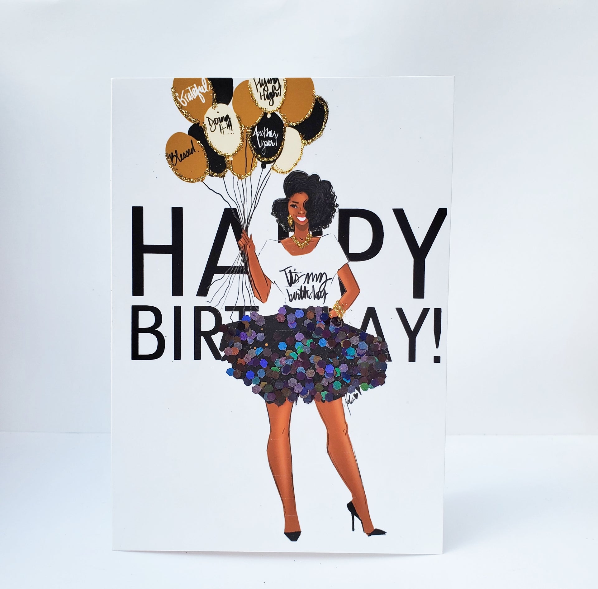 Happy Birthday Card - Girl in Black/Gold – CRWND Illustrations by KDS